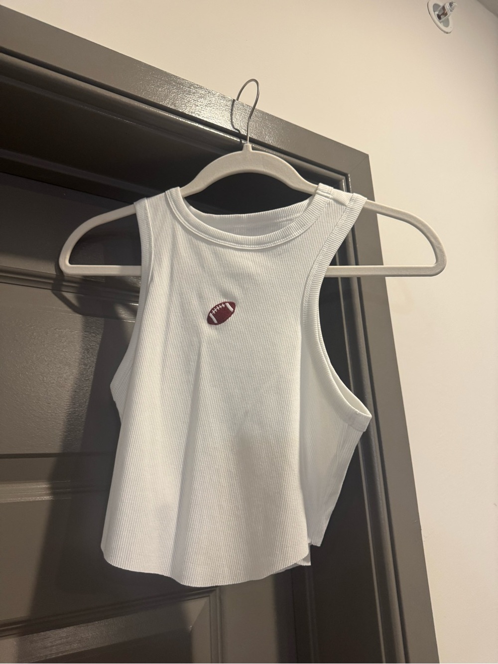 White Ribbed Crop Tank with Football Patch - Women's Top
